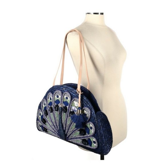 kate spade Handbags - Kate Spade Womens Blue Full Plume Embroidered Straw Peacock Clutch Handbag